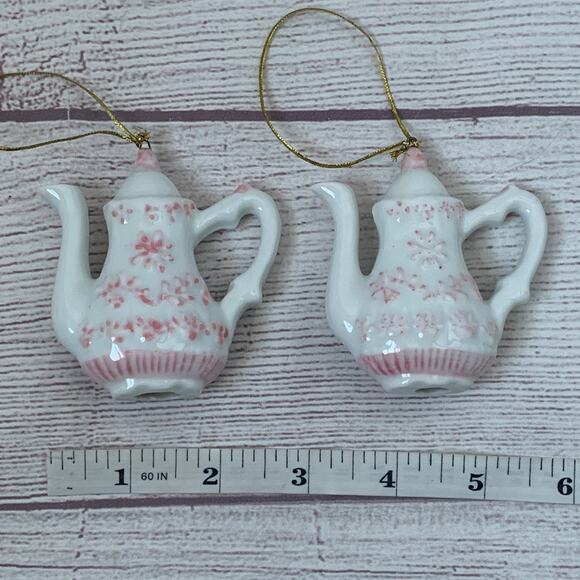 White and Pink Floral Porcelain Teapot Ornament Set of 2 - Picture 12 of 12